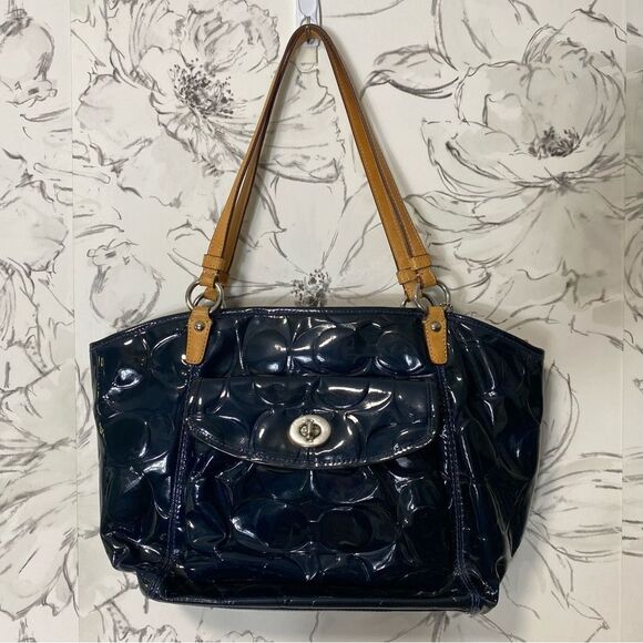 Coach Navy Blue Embossed Patent Leather Tote Bag #F14663 - Picture 1 of 8